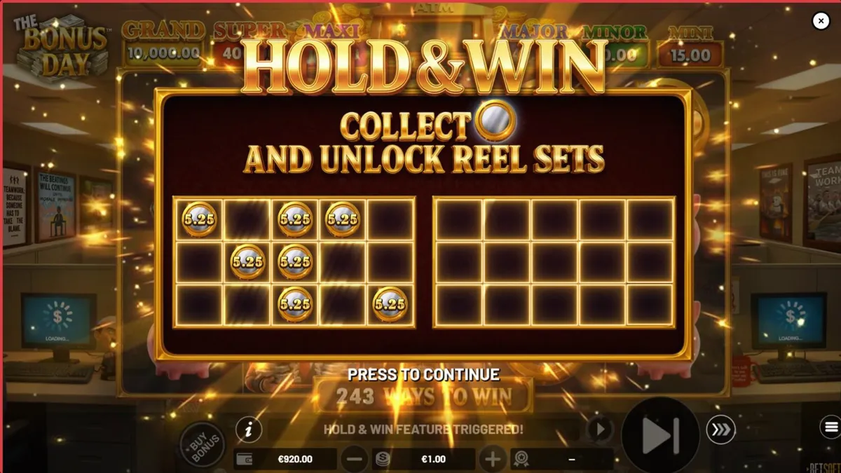 The Bonus Day slot machine interface with office cubicle theme